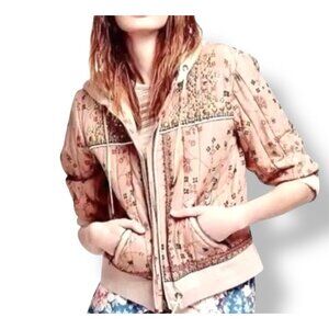 Free People Play My Song Quilted Studded Small Bomber Jacket Cotton Pale Pink